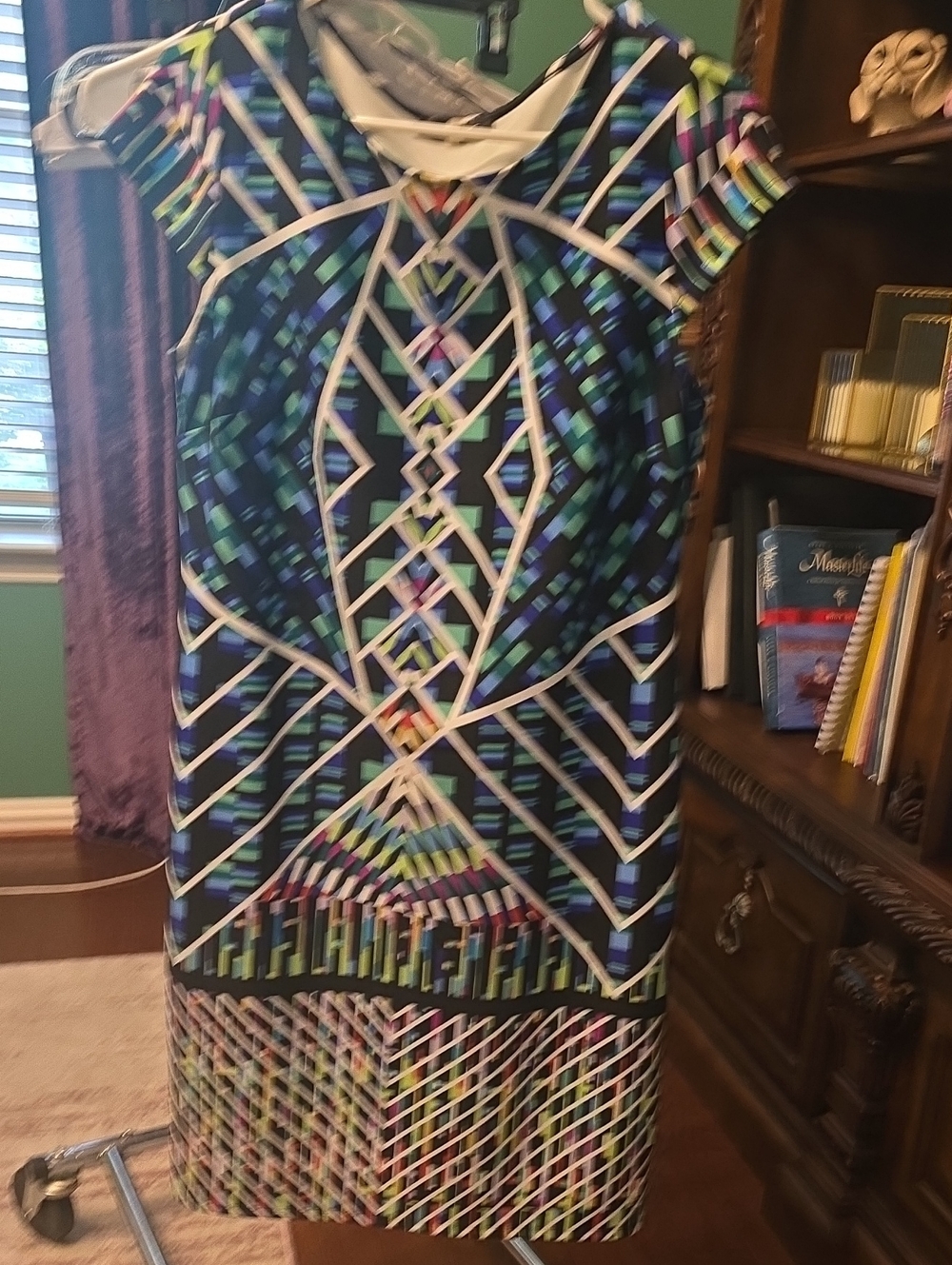 Nine West Navy Geometric Midi Dress with Multicolor Accents